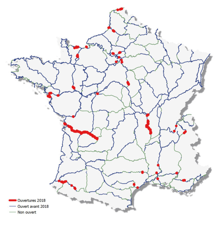 Carte du schéma national des véloroutes et voies vertes – état d’avancement  Ouverture2018-web-720x736