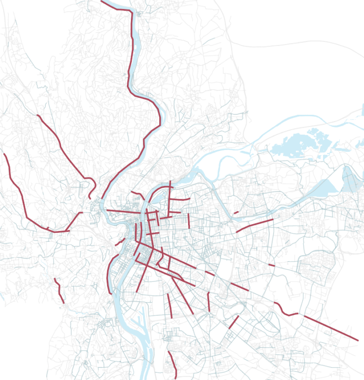 [Illustration 1] Réseau des aménagements cyclables temporaires de la Métropole de Lyon