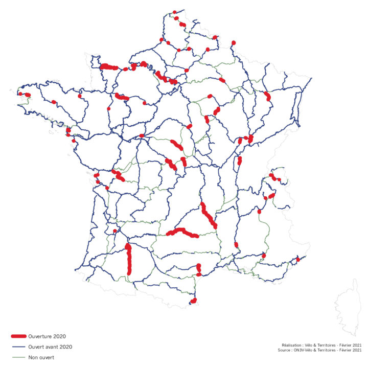 Carte du schéma national des véloroutes et voies vertes – état d’avancement Ouverture_2020_BD-720x720